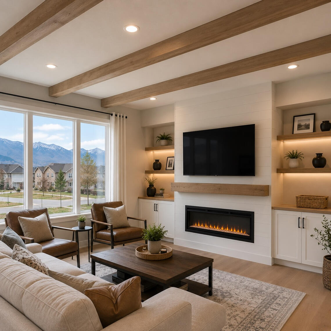 Decorative Ceiling Beams Installation in Charlotte NC Living room with decorative wood ceiling beams and modern fireplace wall Charlotte NC