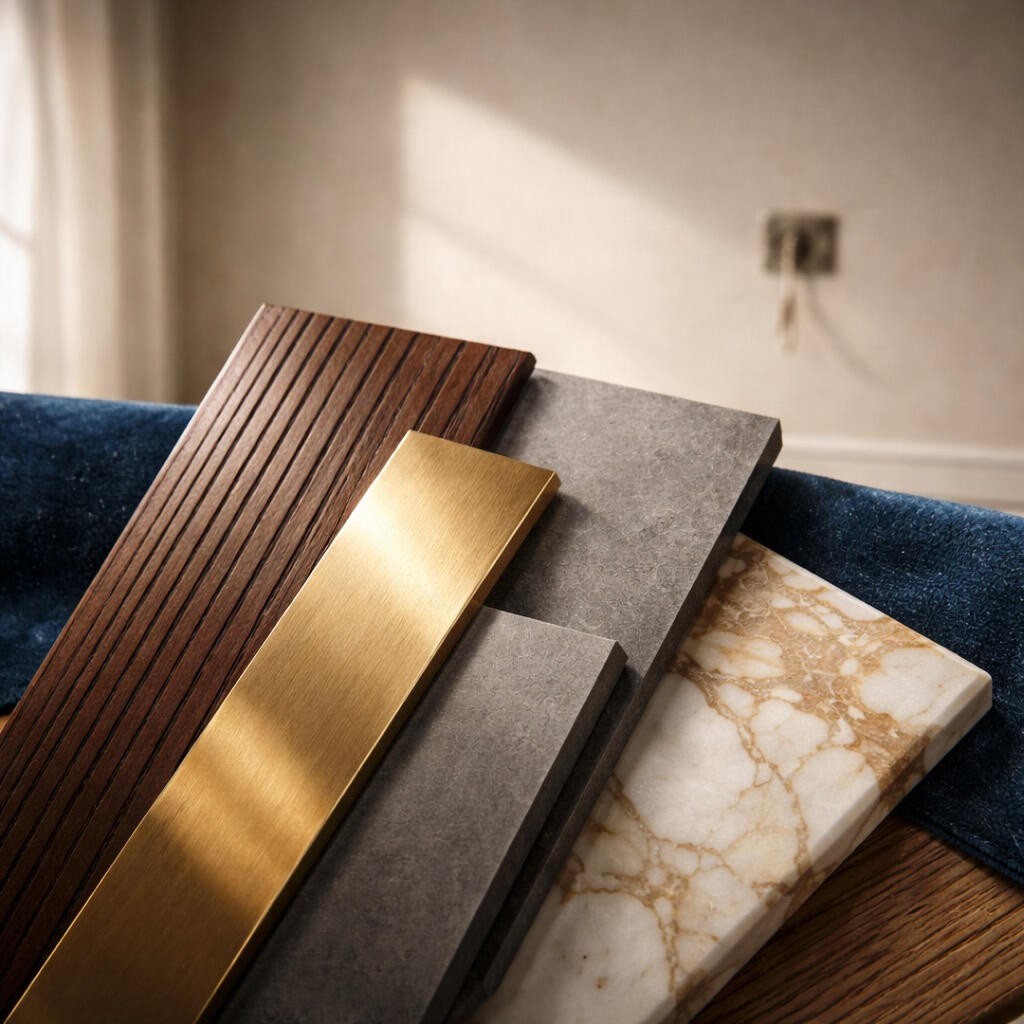 Luxury material samples for accent wall design with wood marble and brass Charlotte NC