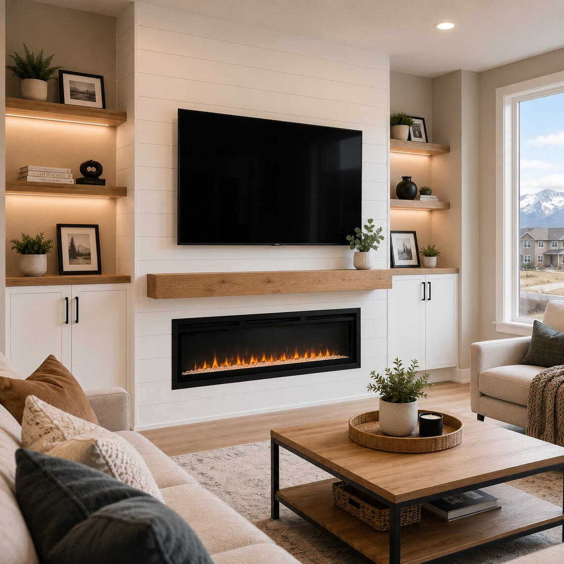 White shiplap fireplace media wall with mounted TV and floating wood mantel Charlotte NC