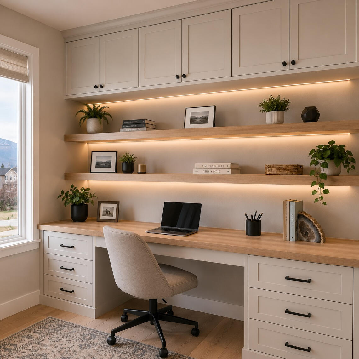 Modern home office with custom built in cabinets floating shelves and LED lighting Charlotte NC