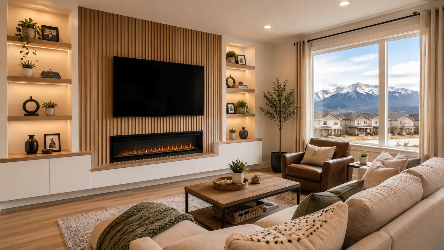 Modern living room with custom TV media wall fireplace and mountain views in Charlotte NC